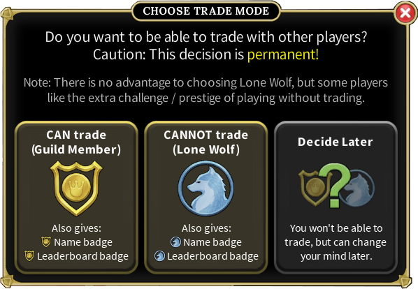 Brighter Shores Choose Trade Mode window — Guild Member (can trade) versus Lone Wolf (cannot trade), a permanent decision