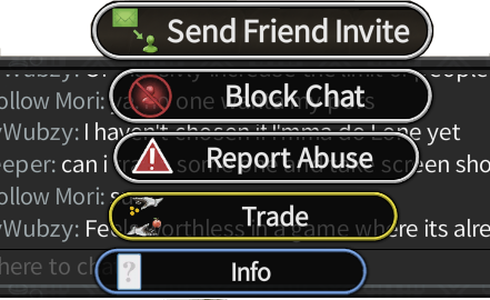Brighter Shores player menu with the Trade option highlighted alongside Send Friend Invite, Block Chat, Report Abuse and Info