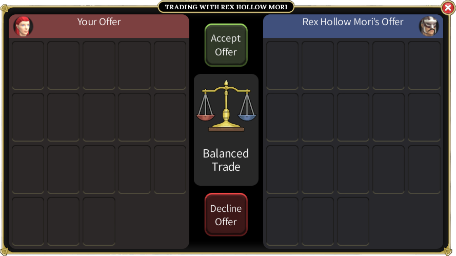 Brighter Shores trade window showing Your Offer and the other player's offer with a Balanced Trade indicator and Accept or Decline Offer buttons